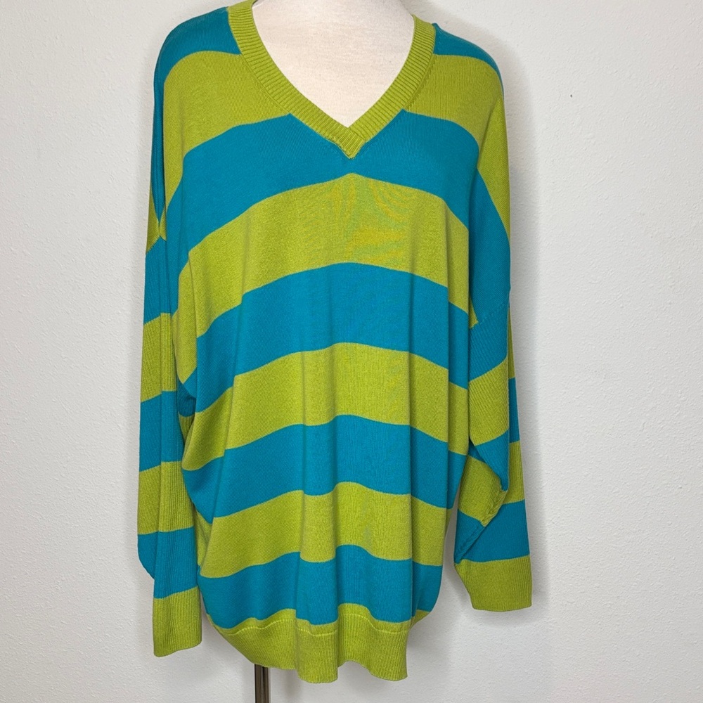 Belle by Kim Gravel size 2X Striped V-Neck Sweater in Blue and Green